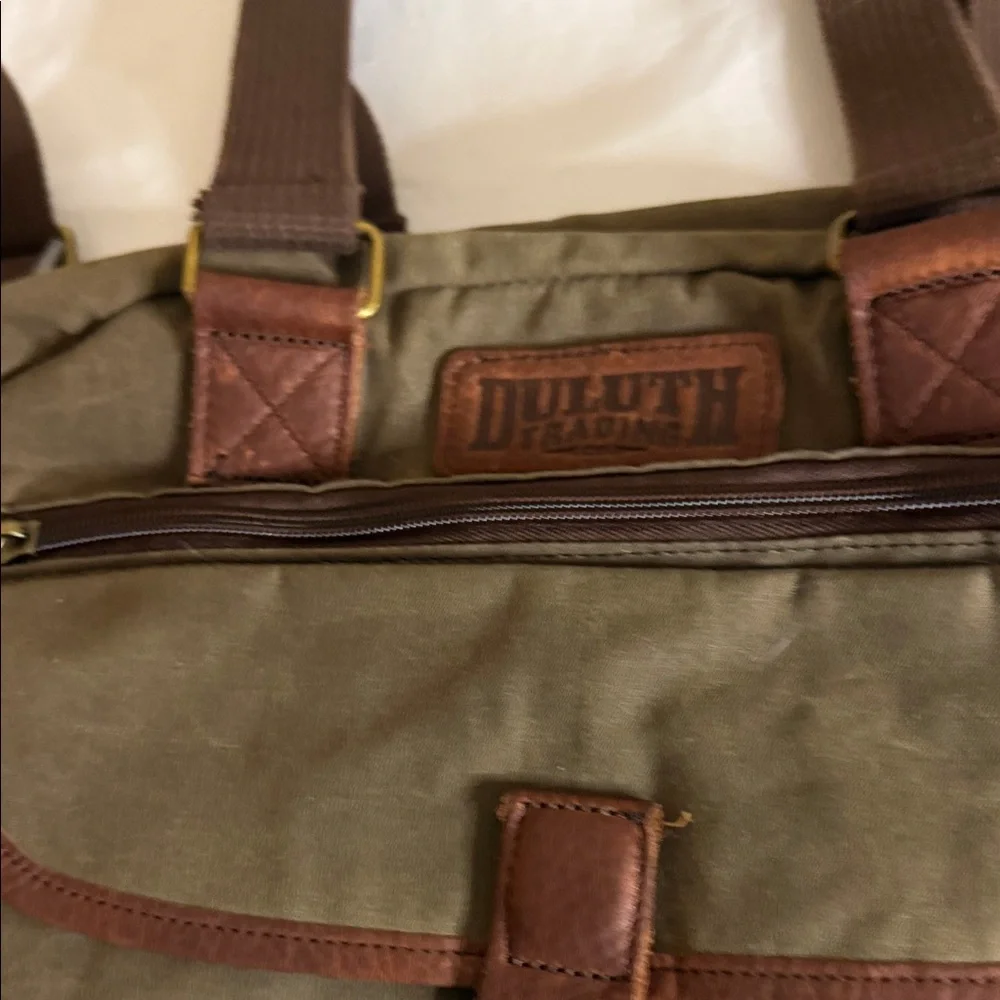 Duluth Trading Co Olive Canvas Laptop Bag with Brown Leather Trim